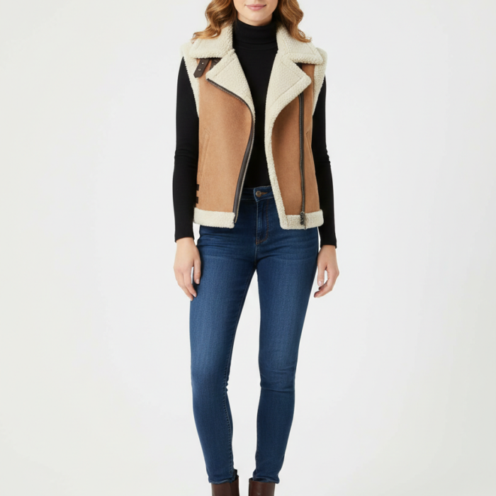 Women's Suede Leather Shearling Vest in Brown