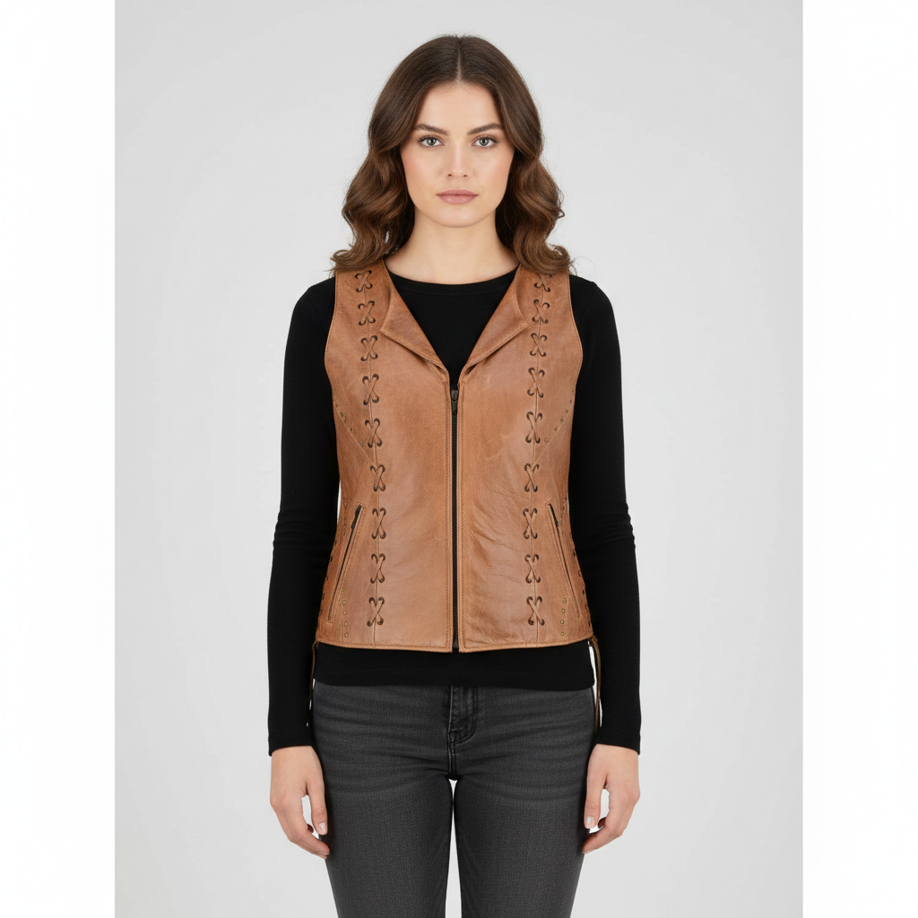 Women's Zippered Leather Vest brown leather vest women