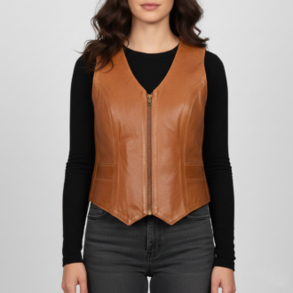 Women's V- Neck Leather Zipper Vest
