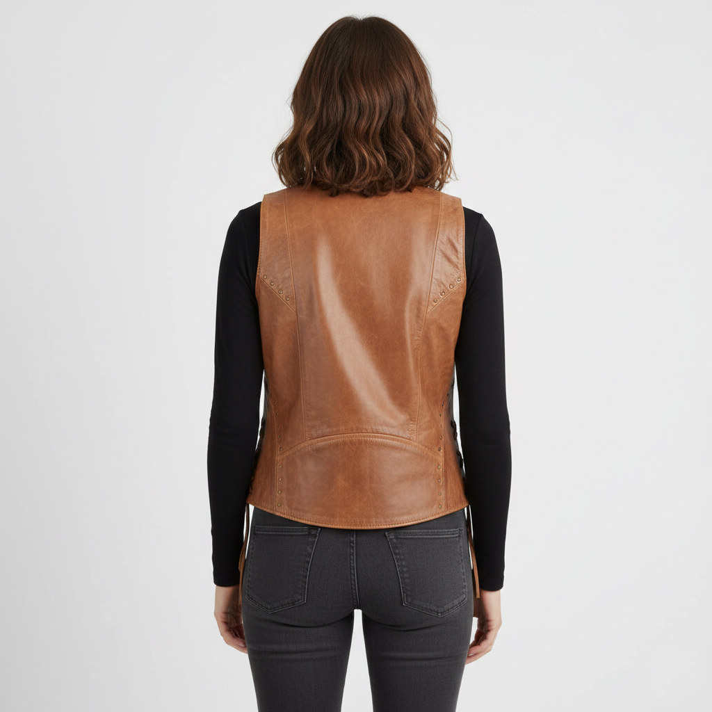 Women's Zippered Leather Vest model back brown leather vest women
