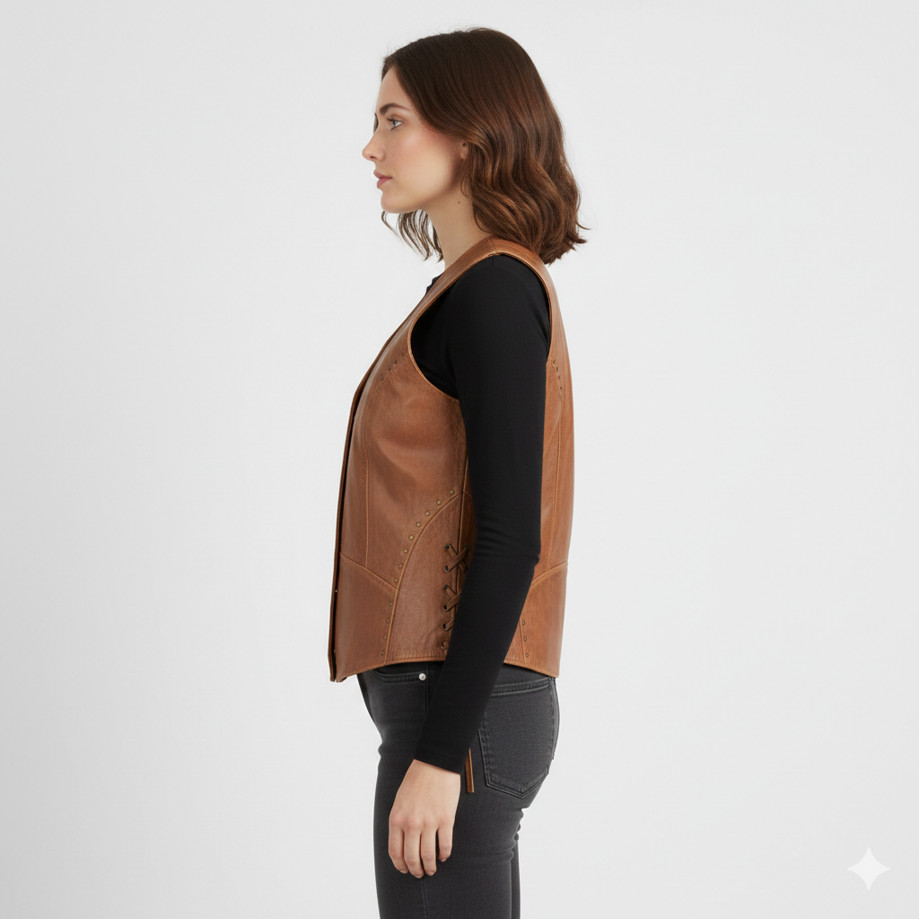 Women's Zippered Leather Vest side brown leather vest women