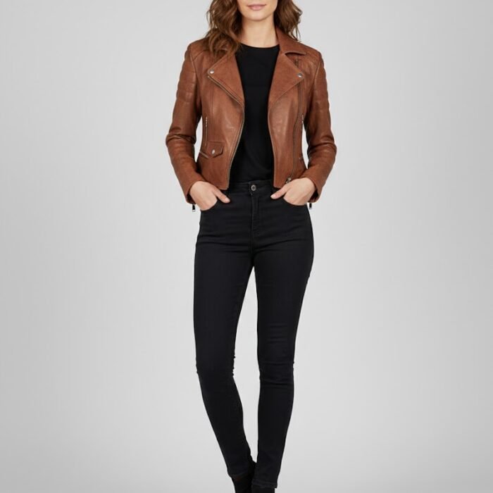 Women's Stylish Tan Lambskin Biker Jacket