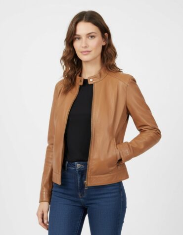 Brown Stand-Collar Leather Jacket