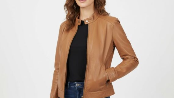 Brown Stand-Collar Leather Jacket for Women