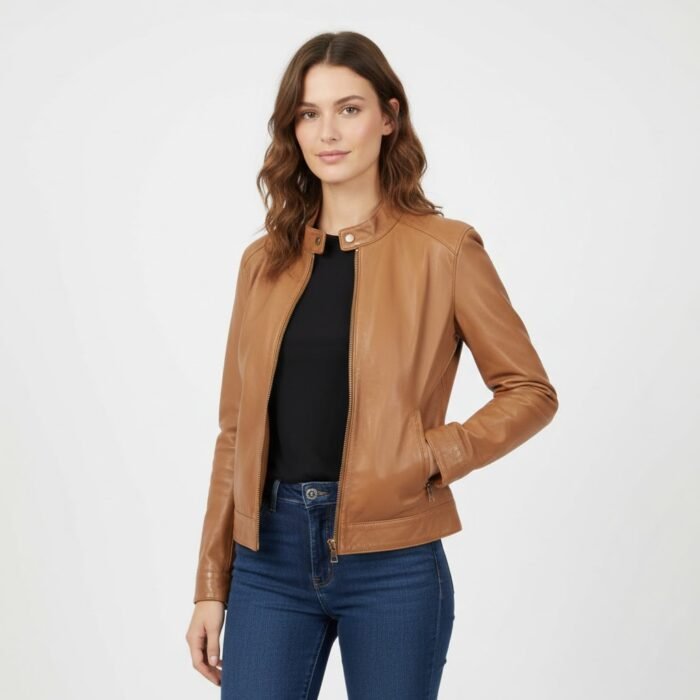 Brown Stand-Collar Leather Jacket