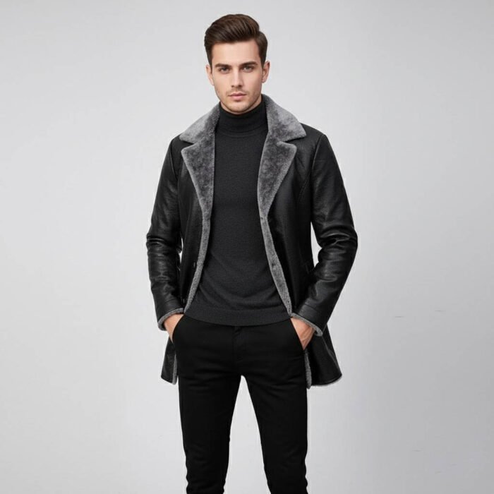 Black Leather Shearling Coat | Warm & Stylish Outerwear