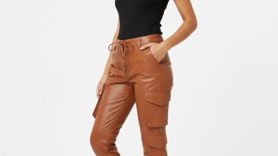 Faux Leather Relaxed Cargo Pants in Cognac Brown for Women