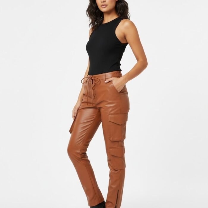 Faux Leather Relaxed Cargo Pants in Cognac Brown for Women