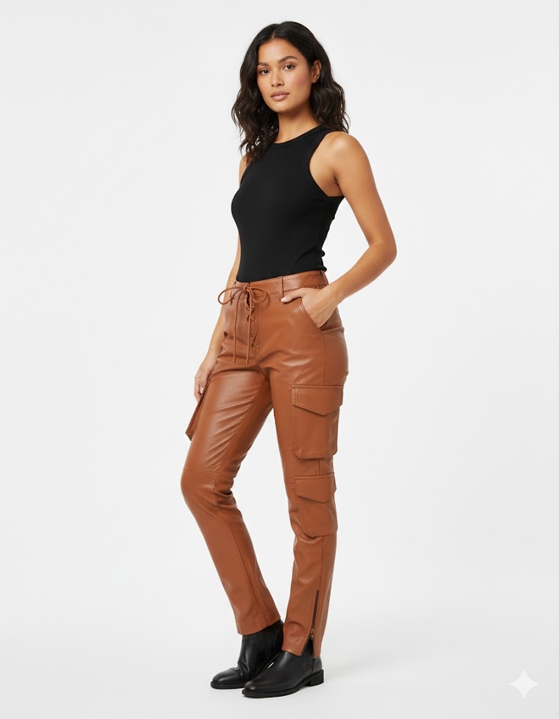 Faux Leather Relaxed Cargo Pants in Cognac Brown for Women Faux Leather Relaxed Cargo Pants in Cognac Brown for Women