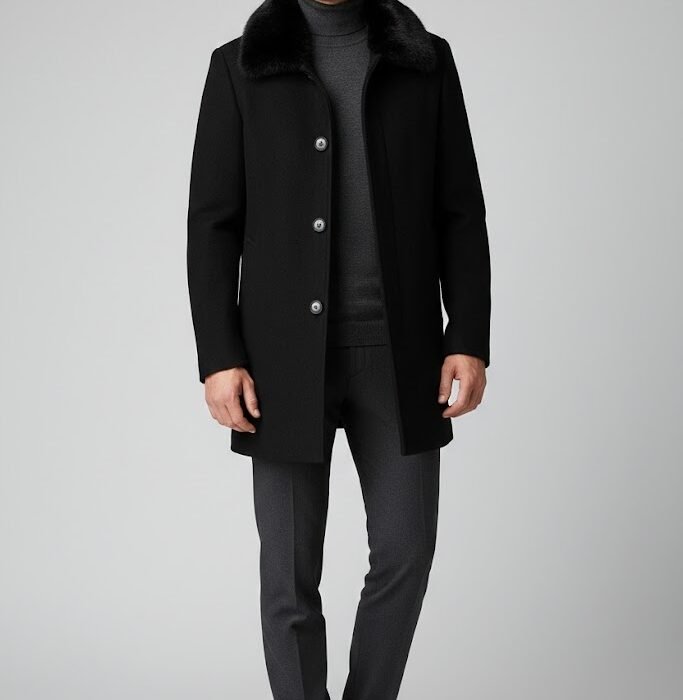 Slim Fit Cachet Flat Collar Wool Blend Overcoat