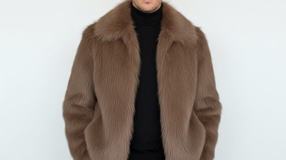 Men Brown Faux Fur Coat Featuring a Prominent Lapel Collar