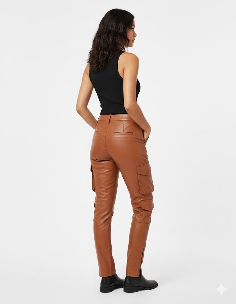 Faux Leather Relaxed Cargo Pants in Cognac Brown for Women Faux Leather Relaxed Cargo Pants in Cognac Brown for Women