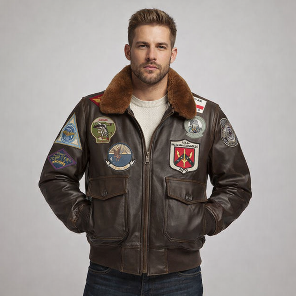 Men's Brown Leather Jacket Fur Collar USA Style Men's Brown Leather Jacket Fur Collar USA Style
