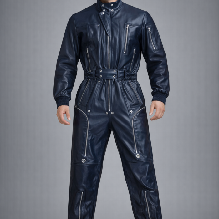 Men's Black Leather Biker Jumpsuit