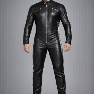 Men's Trendy Real Sheepskin black Leather Jumpsuit