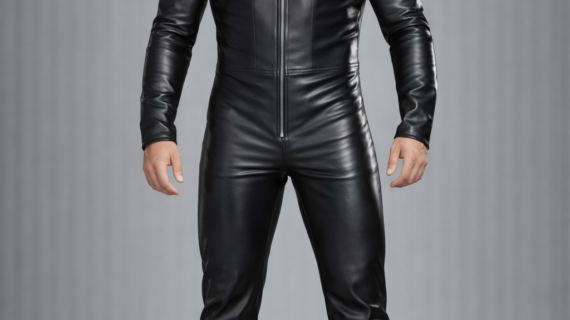 Men's Trendy Real Sheepskin Black Leather Jumpsuit