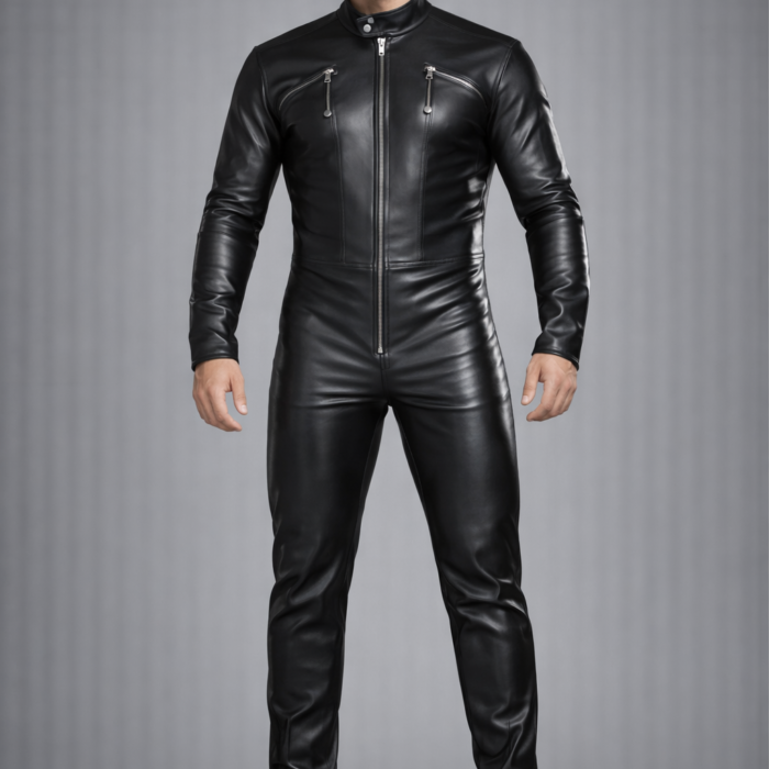 Men's Trendy Real Sheepskin black Leather Jumpsuit