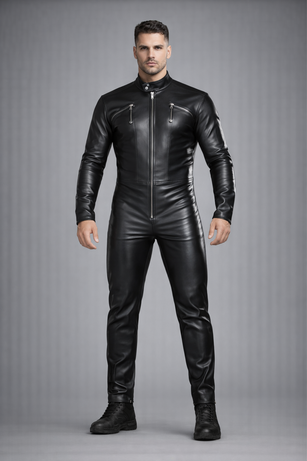 Men's Trendy Real Sheepskin black Leather Jumpsuit Men's Trendy Real Sheepskin black Leather Jumpsuit