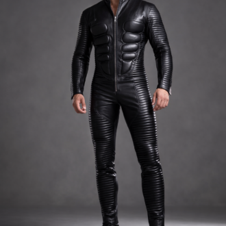 men's black quilted leather biker suit jumpsuit