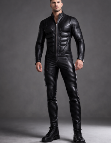 men's black quilted leather biker suit jumpsuit