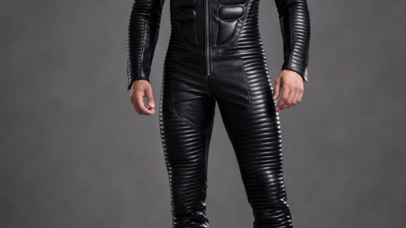 Men's Black Quilted Leather Biker Suit Jumpsuit