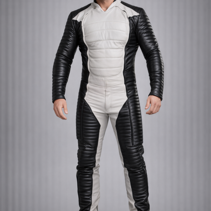 Black and White Leather Quilted Biker Jumpsuit