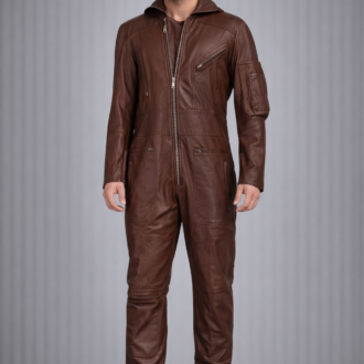 men's sheepskin leather jumpsuit in brown