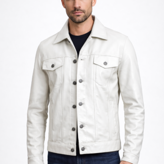 Men's Off-White Leather Trucker Jacket with Silver Hardware