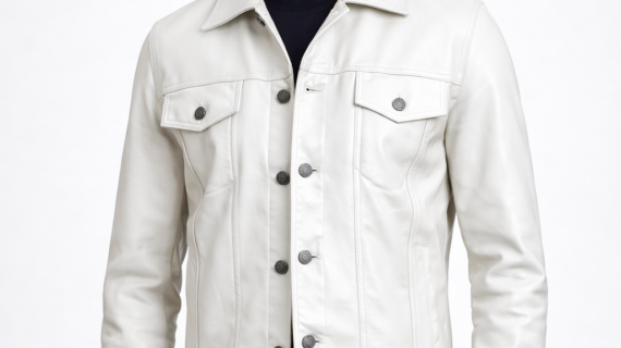 Men's Off-White Leather Trucker Jacket with Silver Hardware