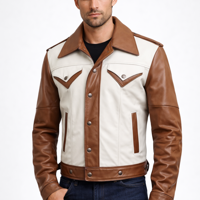 Men's Brown & White Leather Trucker Jacket
