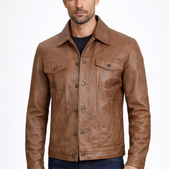 Men's Camel Brown Trucker-Style Leather Jacket
