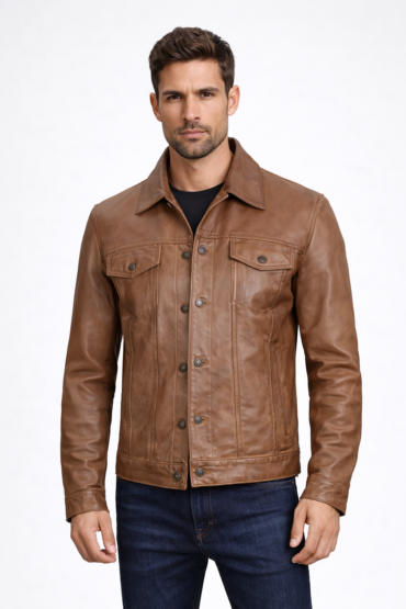 Men's Camel Brown Trucker-Style Leather Jacket