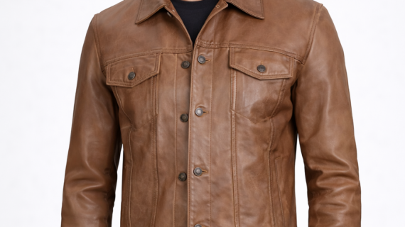 Men's Camel brown trucker-style leather jacket