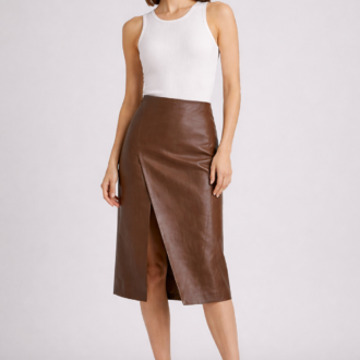 Brown Solid Straight PU Midi Skirt for Women