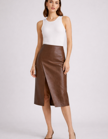 Brown Solid Straight PU Midi Skirt for Women