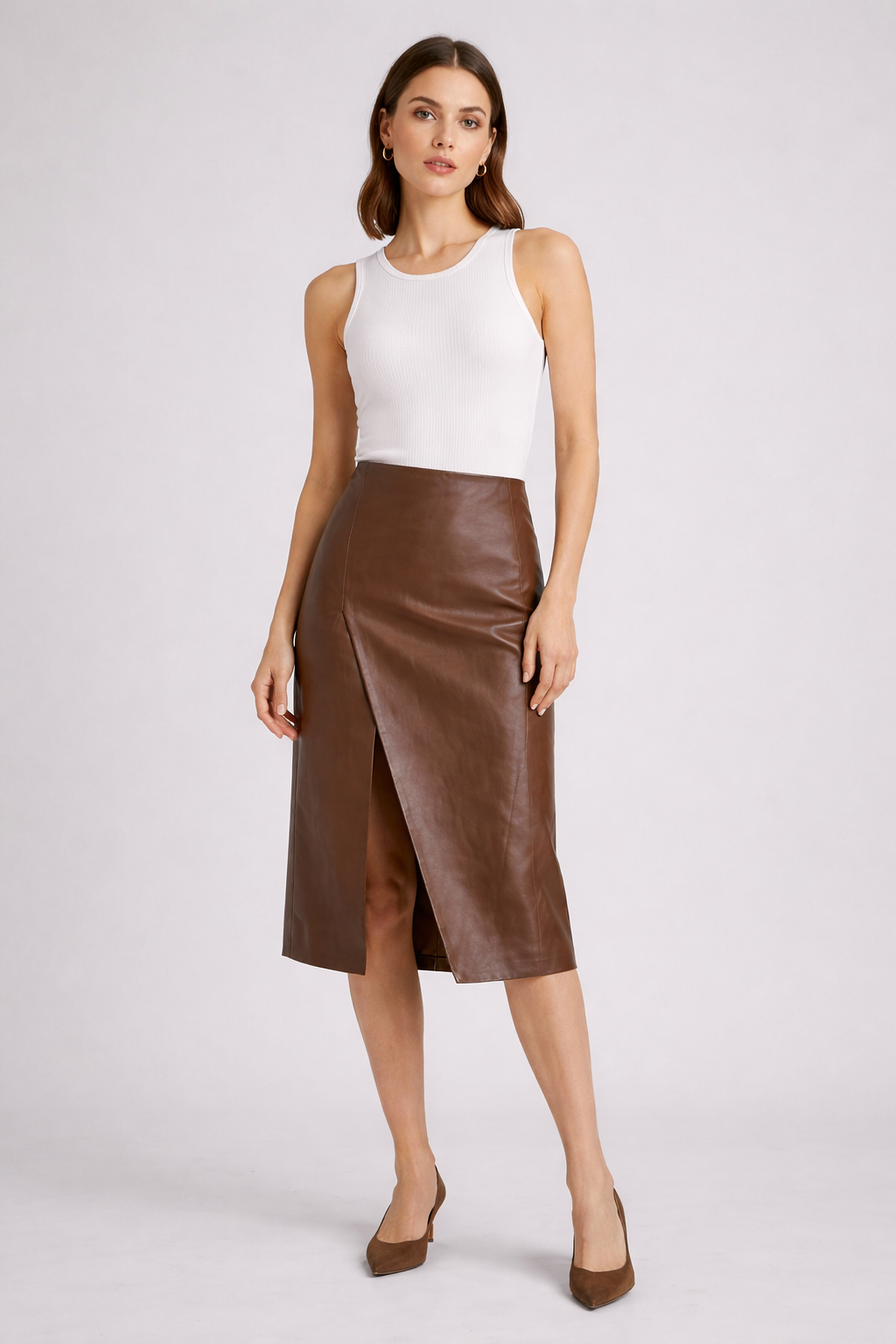 Brown Solid Straight PU Midi Skirt for Women Brown Solid Straight PU Midi Skirt for Women