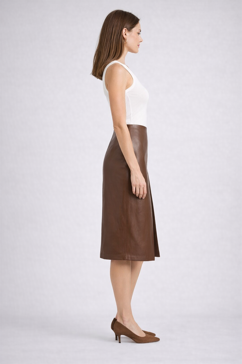 Brown Solid Straight PU Midi Skirt for Women Brown Solid Straight PU Midi Skirt for Women