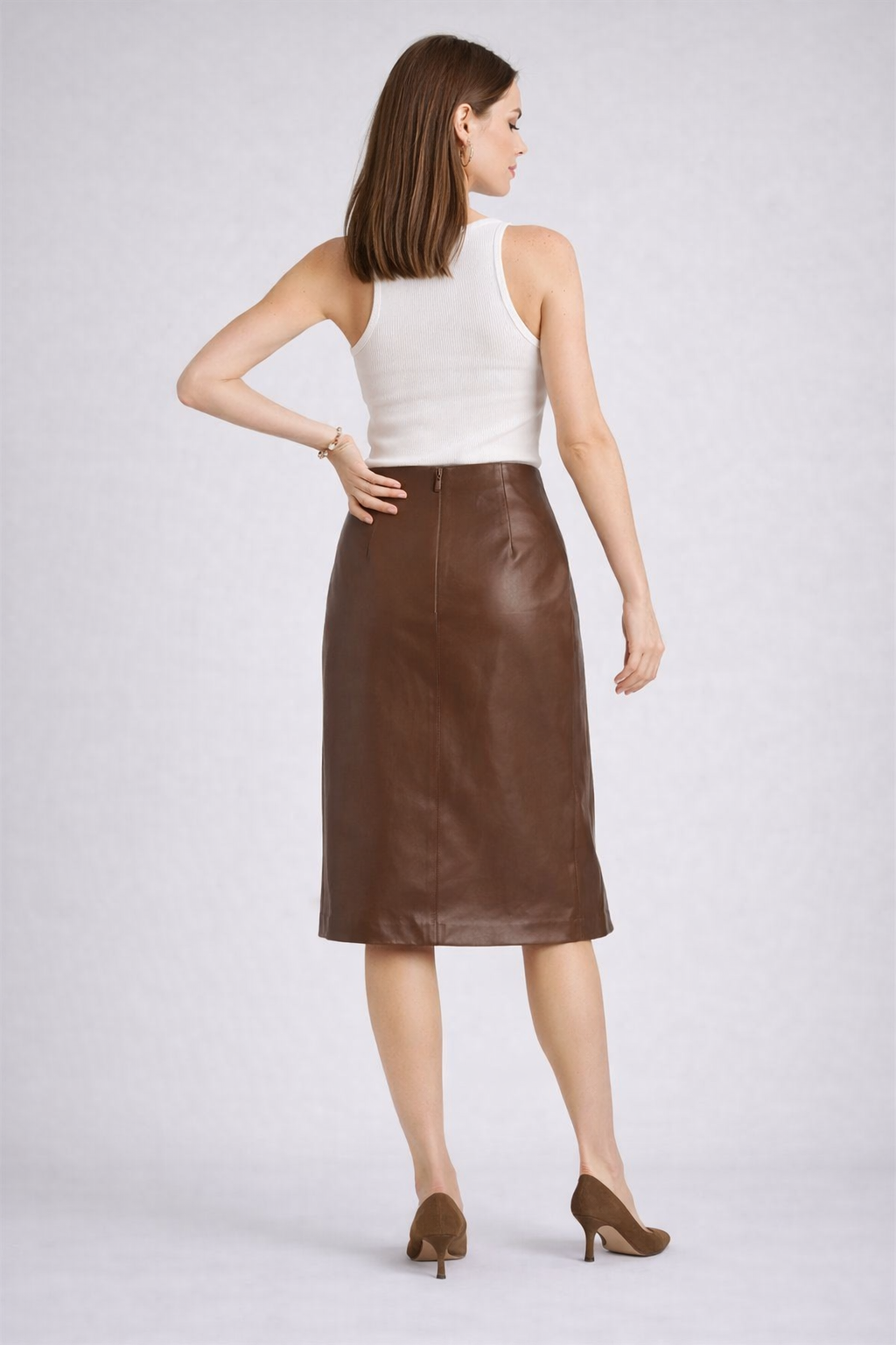 Brown Solid Straight PU Midi Skirt for Women Brown Solid Straight PU Midi Skirt for Women