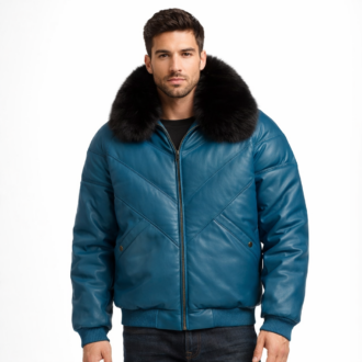 V-Bomber Style Leather Jacket for Men