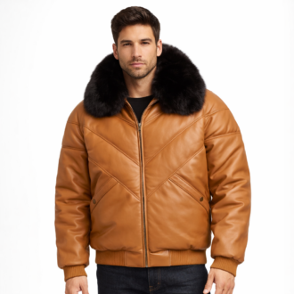 Camel-Colored Lambskin V-Bomber Jacket for Men