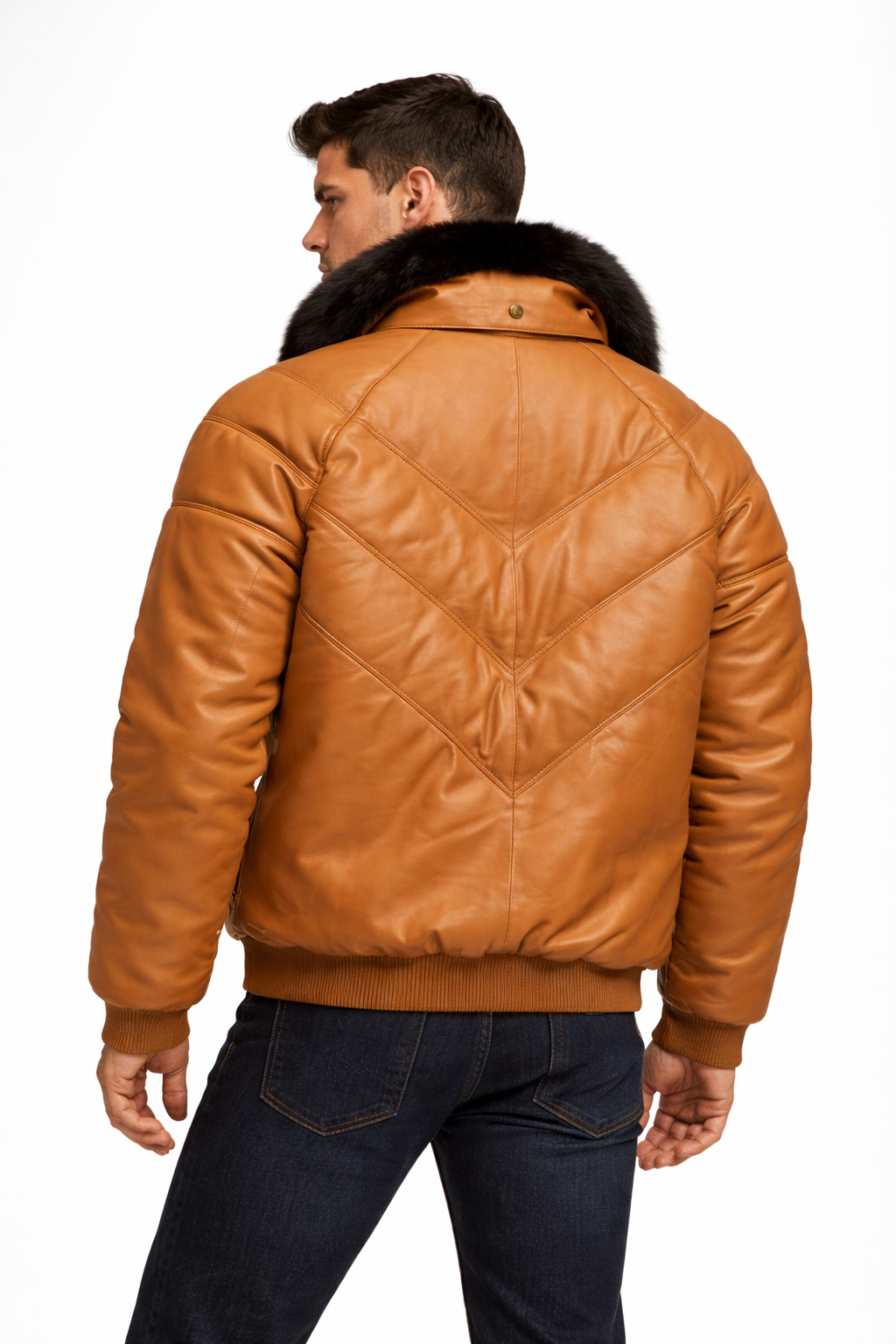 Camel-Colored Lambskin V-Bomber Jacket for Men Camel-Colored Lambskin V-Bomber Jacket for Men