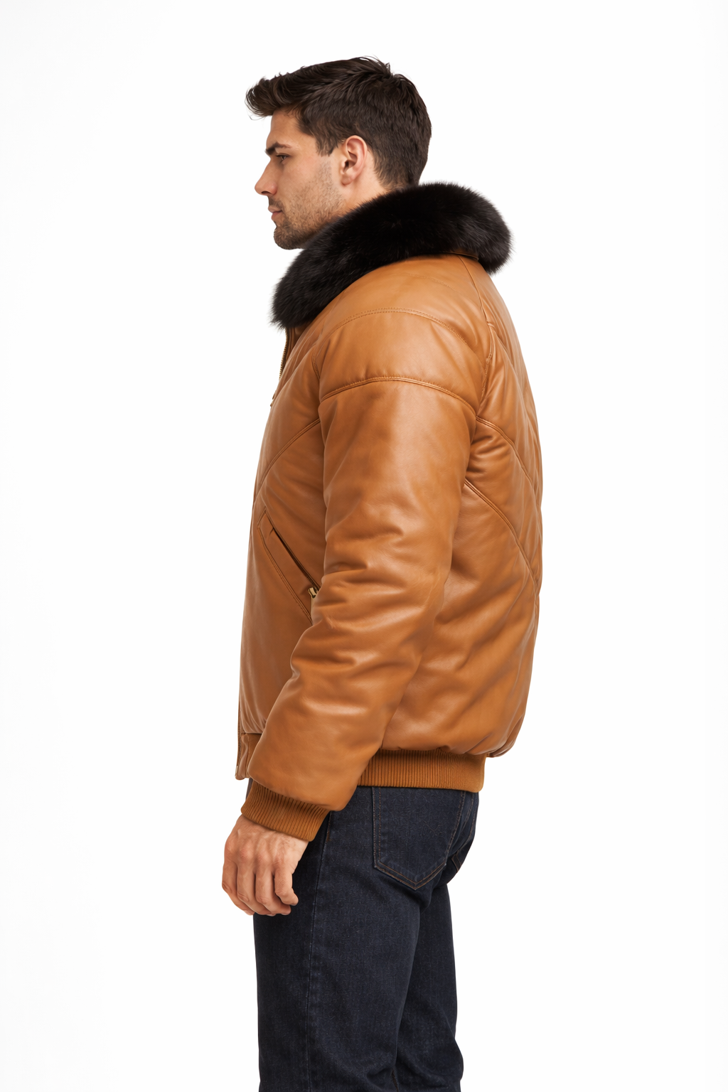 Camel-Colored Lambskin V-Bomber Jacket for Men Camel-Colored Lambskin V-Bomber Jacket for Men