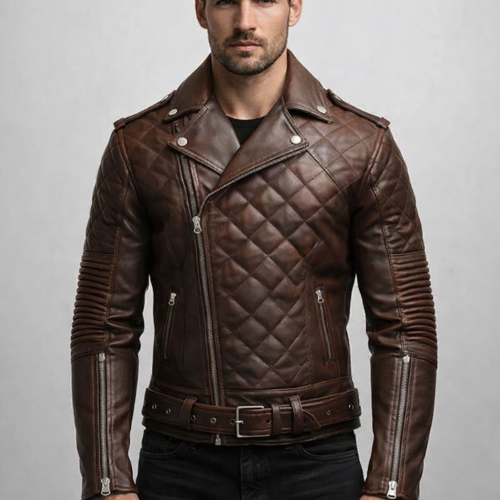 Men's Quilted Biker Brown Leather Jacket