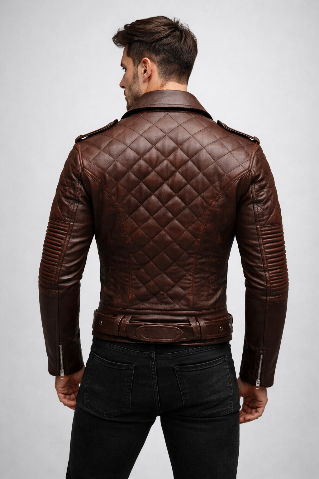 Men's Quilted Biker Brown Leather Jacket Men's Quilted Biker Brown Leather Jacket