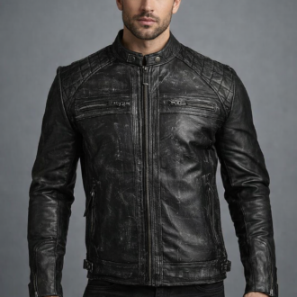 Men's Black Distressed Leather Biker Jacket