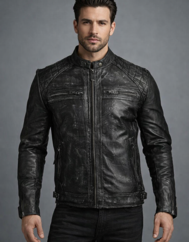 Men's Black Distressed Leather Biker Jacket
