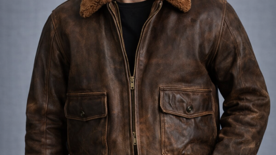Distressed Vintage Brown Leather Bomber Jacket