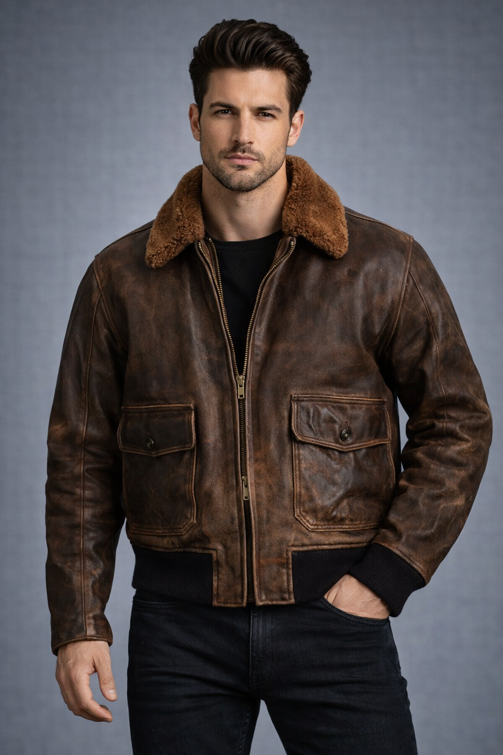 Distressed Vintage Brown Leather Bomber Distressed Vintage Brown Leather Bomber
