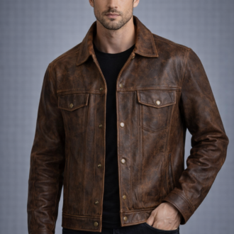 Men's Brown Distressed Lambskin Leather Trucker