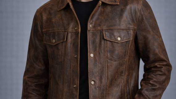 Men's Brown Distressed Lambskin Leather Trucker Jacket